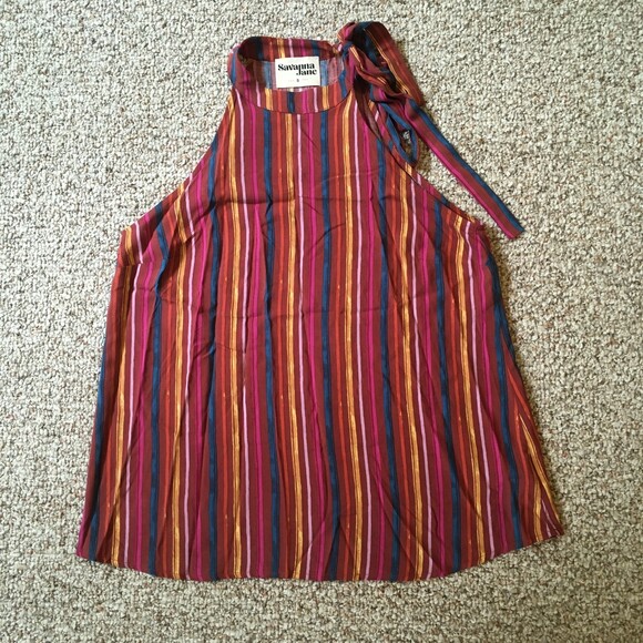 Savanna Jane Sleeveless Top Size S Stripe Choker Halter Tie Long Length Red Tank - Picture 1 of 9